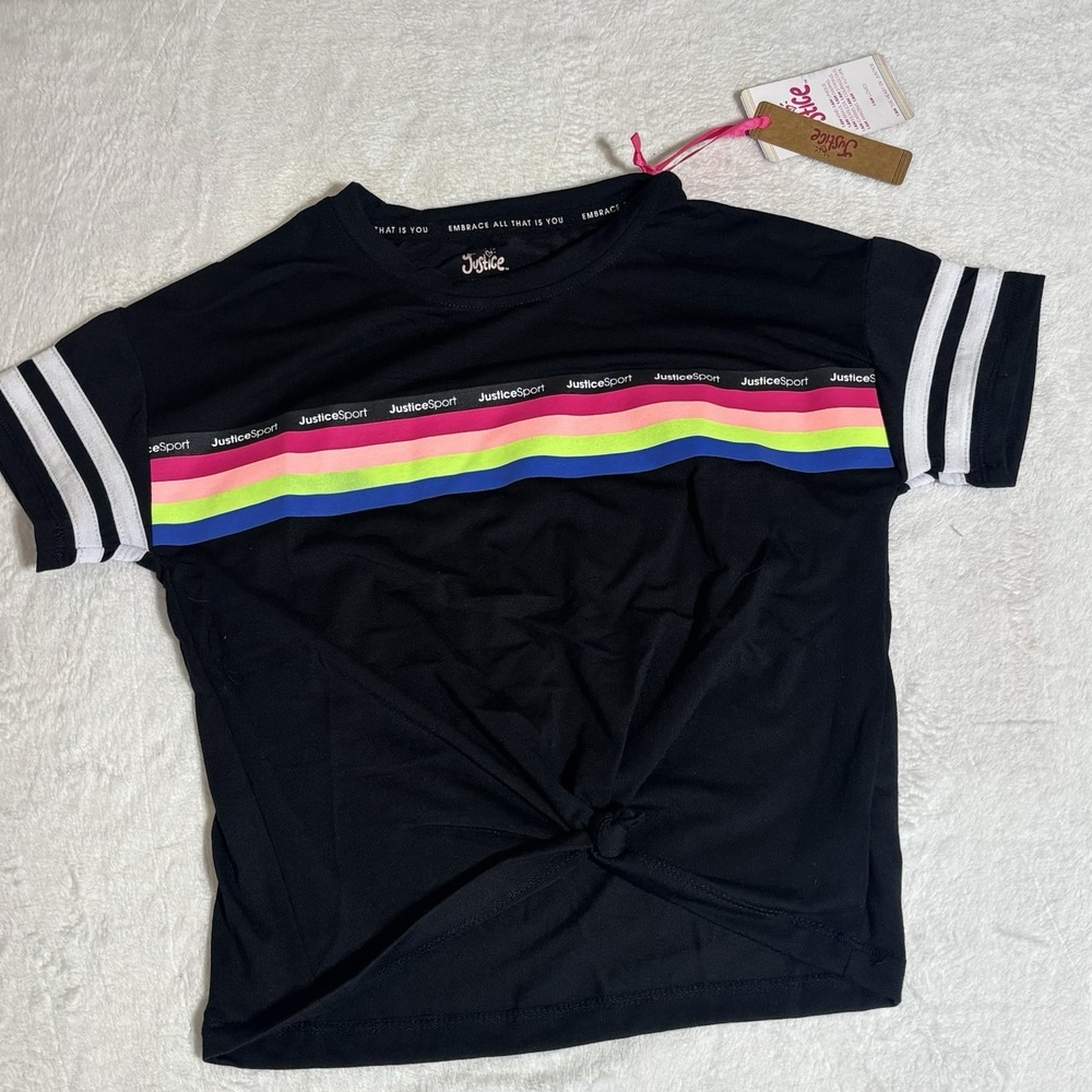 Justice Girl Black Y2K Style Top Rainbow Print Size S NWT Tie Front Tee